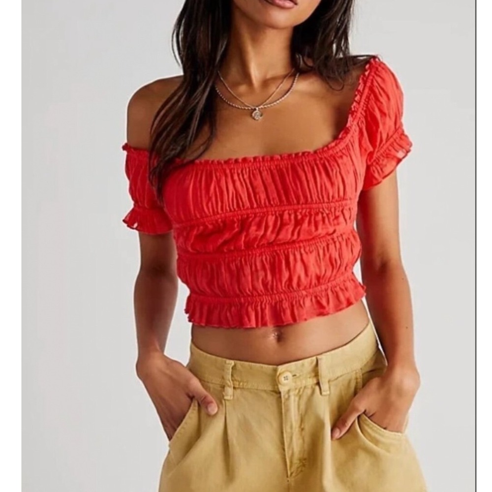 Free People FP One Smocked Crop Top Red Cotton Ruffle Off Shoulder Small